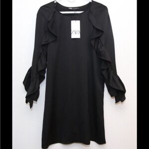 Zara sheath satin ruffle dress. Super comfortable and flattering.